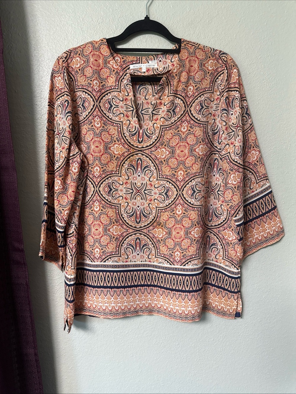 #868 Violet + Claire Paisley Three-Quarter Sleeve Tunic Size Large